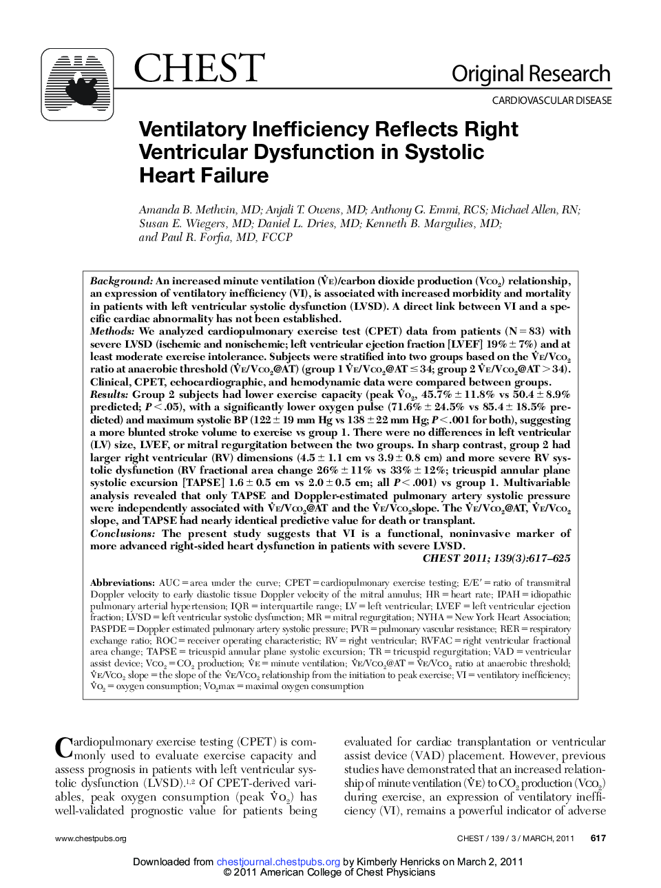 Ventilatory Inefficiency Reflects Right Ventricular Dysfunction in Systolic Heart Failure