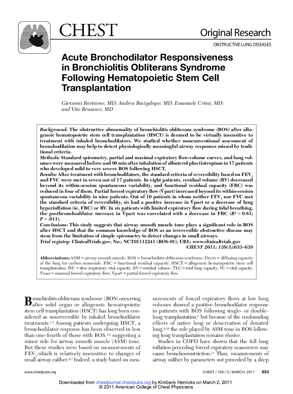 Acute Bronchodilator Responsiveness in Bronchiolitis Obliterans Syndrome Following Hematopoietic Stem Cell Transplantation 