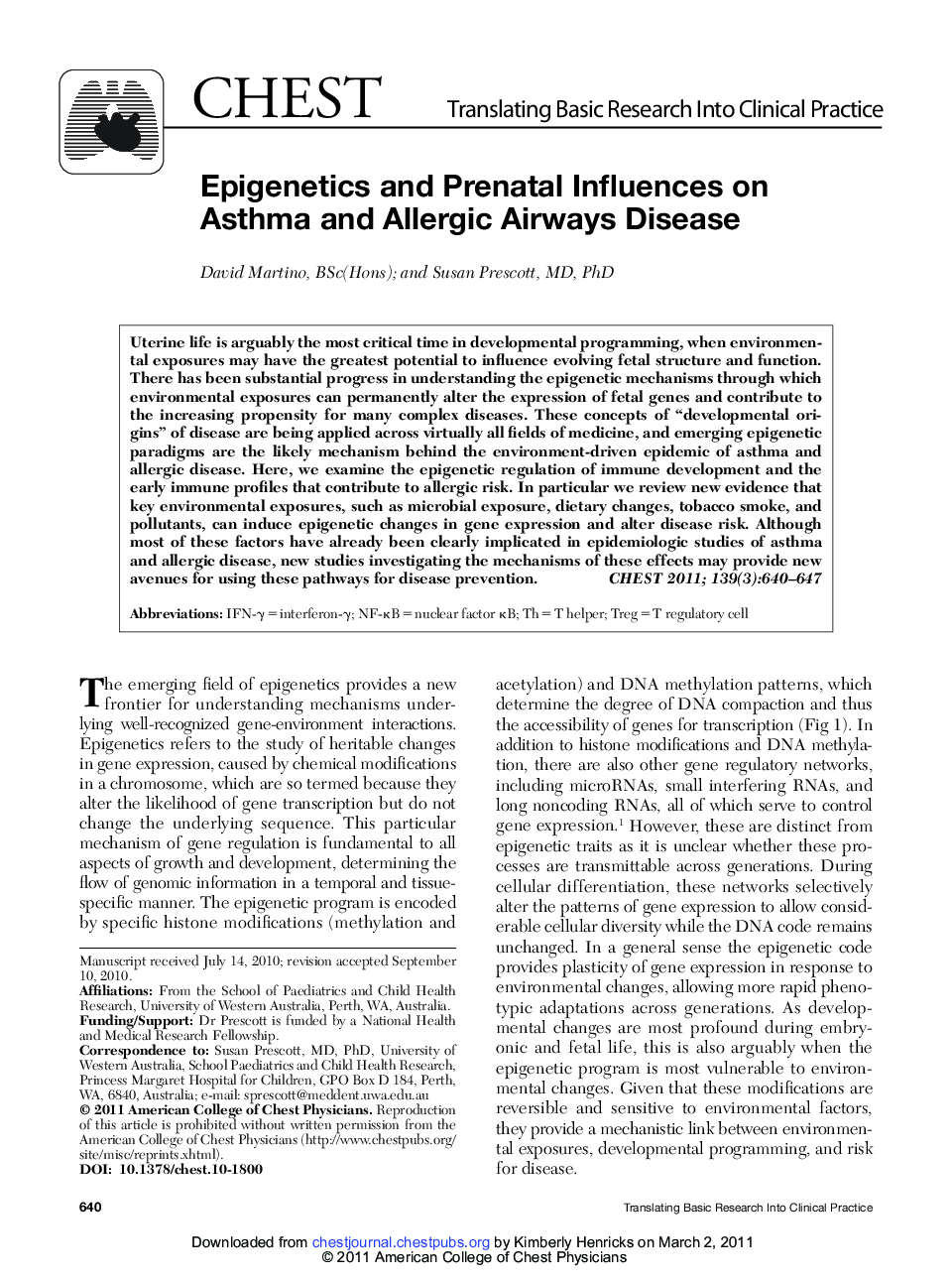 Epigenetics and Prenatal Influences on Asthma and Allergic Airways Disease 