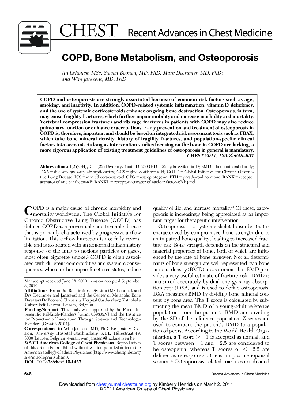 COPD, Bone Metabolism, and Osteoporosis 