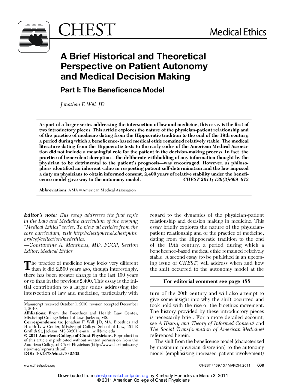 A Brief Historical and Theoretical Perspective on Patient Autonomy and Medical Decision Making : Part I: The Beneficence Model