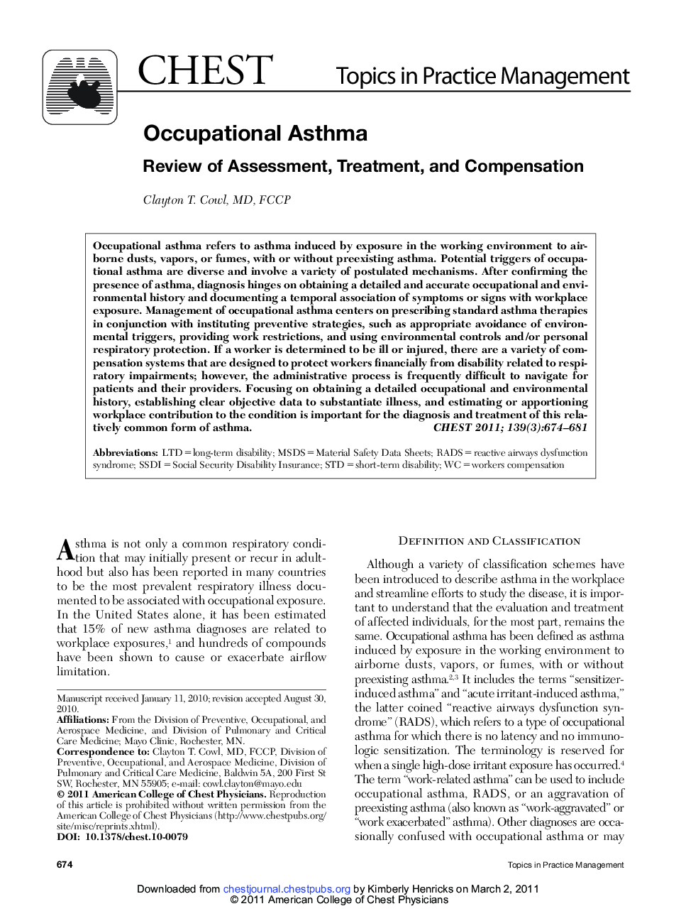 Occupational Asthma : Review of Assessment, Treatment, and Compensation