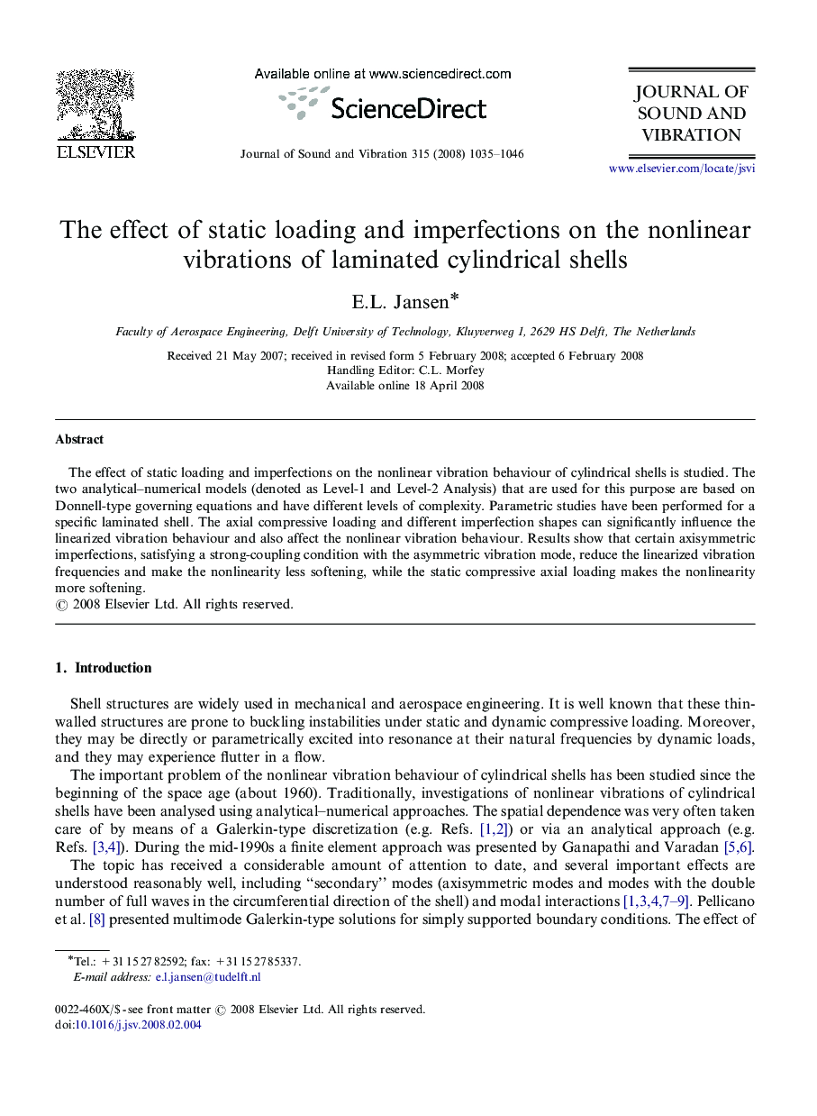 The effect of static loading and imperfections on the nonlinear vibrations of laminated cylindrical shells