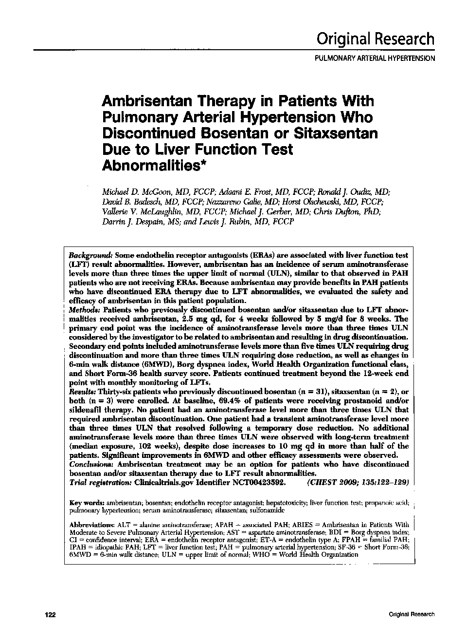 Ambrisentan Therapy in Patients With Pulmonary Arterial Hypertension Who Discontinued Bosentan or Sitaxsentan Due to Liver Function Test Abnormalities 