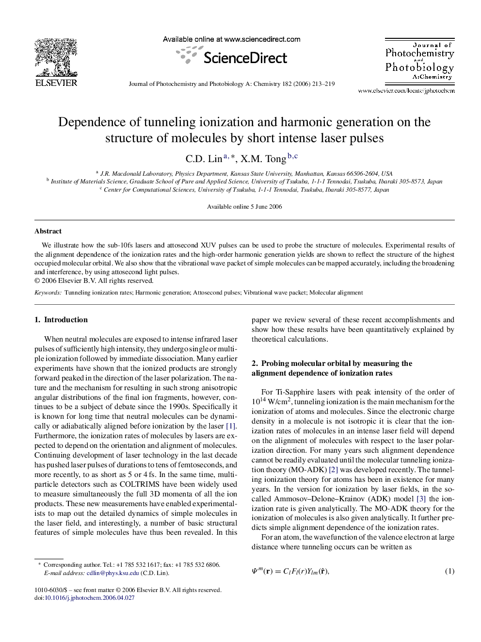 Dependence of tunneling ionization and harmonic generation on the structure of molecules by short intense laser pulses