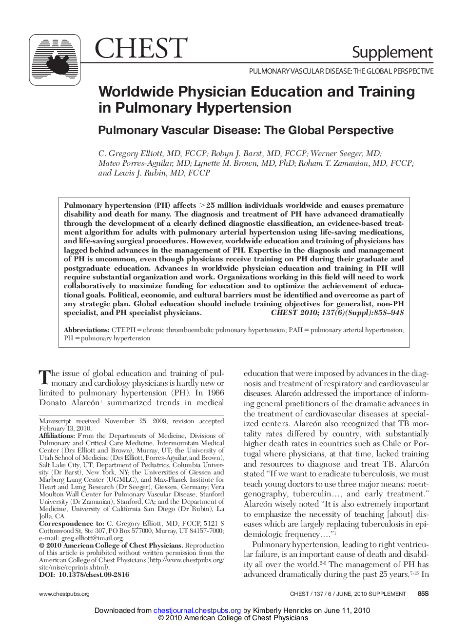 Worldwide Physician Education and Training in Pulmonary Hypertension