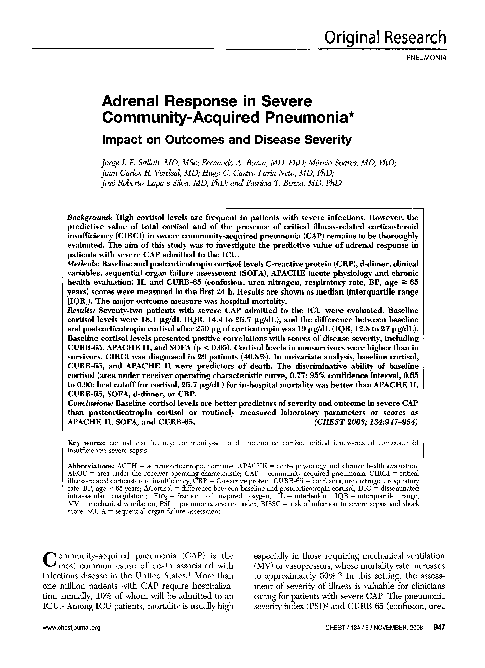 Adrenal Response in Severe Community-Acquired Pneumonia : Impact on Outcomes and Disease Severity