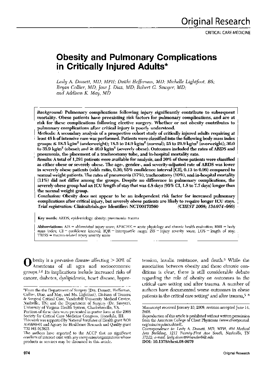 Obesity and Pulmonary Complications in Critically Injured Adults