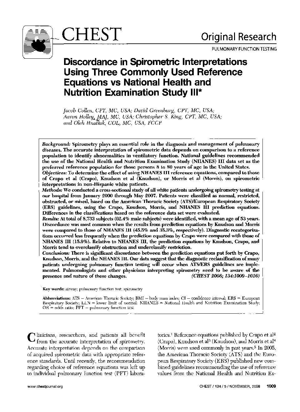 Discordance in Spirometric Interpretations Using Three Commonly Used Reference Equations vs National Health and Nutrition Examination Study III 