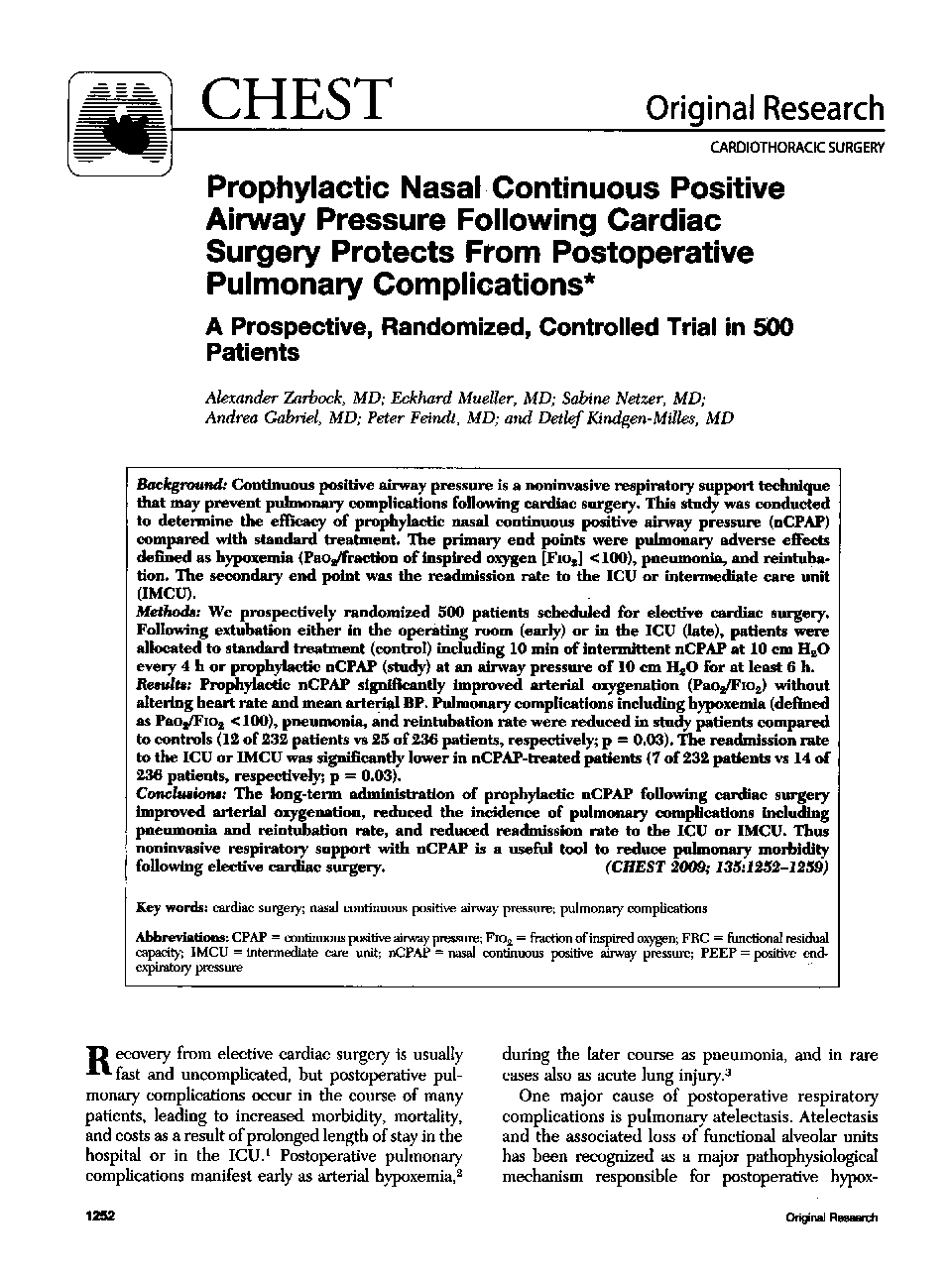 Prophylactic Nasal Continuous Positive Airway Pressure Following Cardiac Surgery Protects From Postoperative Pulmonary Complications : A Prospective, Randomized, Controlled Trial in 500 Patients