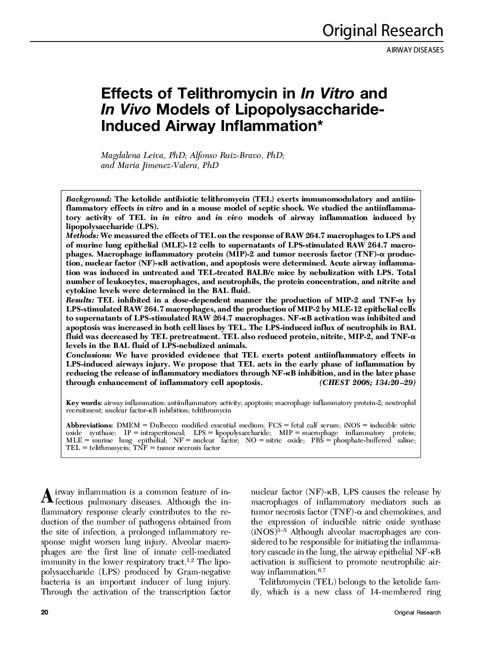 Effects of Telithromycin in In Vitro and In Vivo Models of Lipopolysaccharide-Induced Airway Inflammation* 