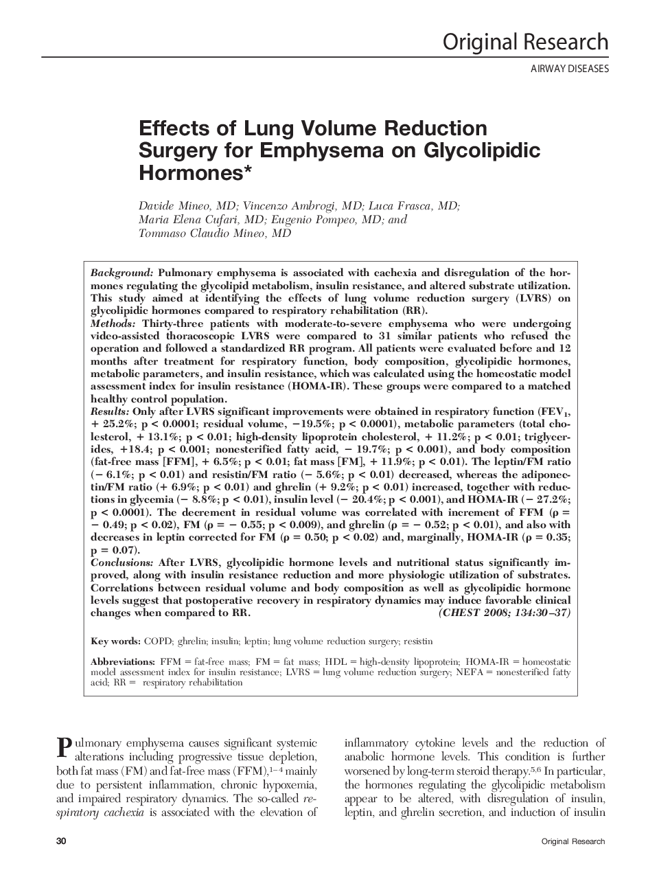 Effects of Lung Volume Reduction Surgery for Emphysema on Glycolipidic Hormones*