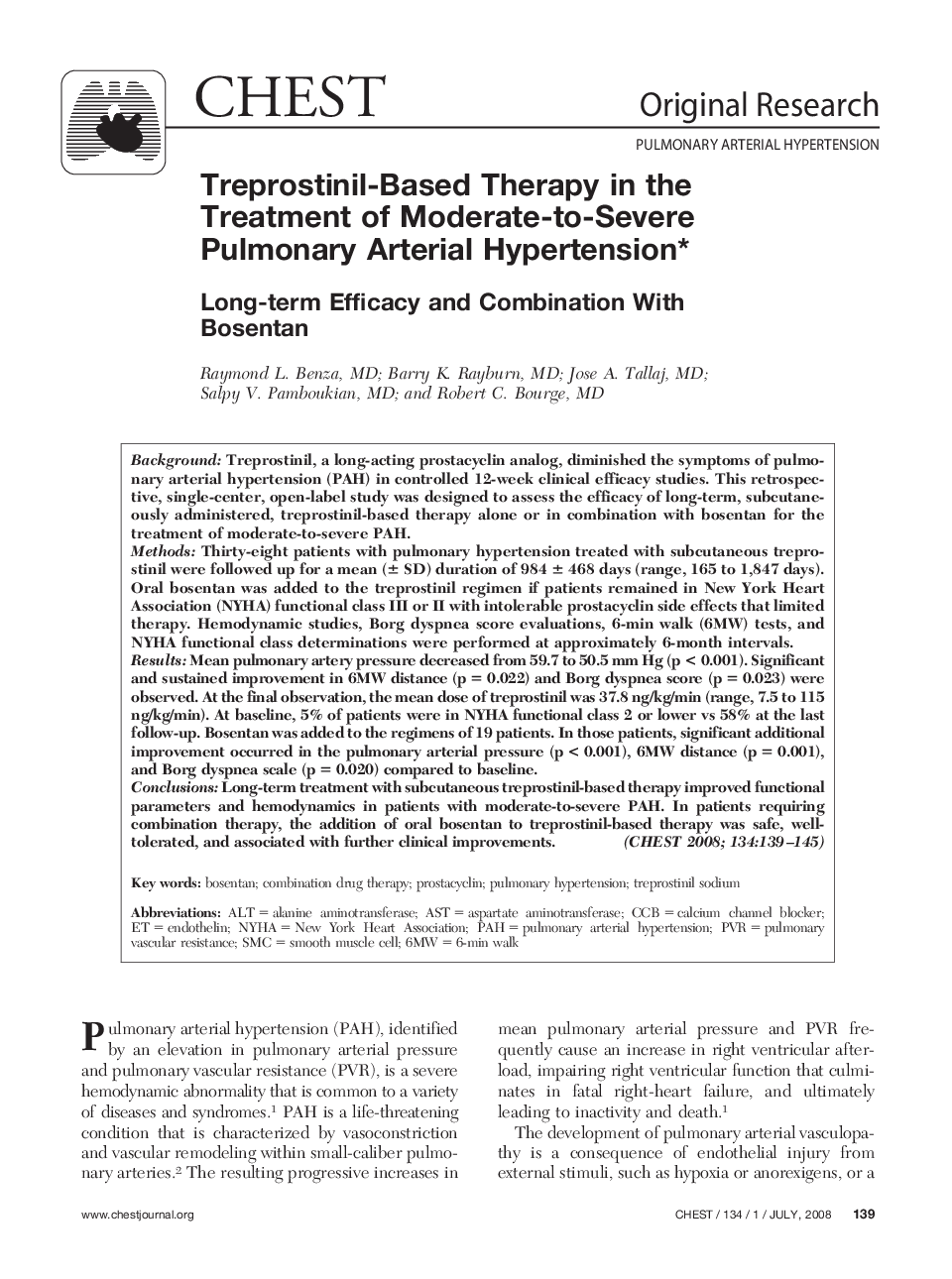 Treprostinil-Based Therapy in the Treatment of Moderate-to-Severe Pulmonary Arterial Hypertension*: Long-term Efficacy and Combination With Bosentan