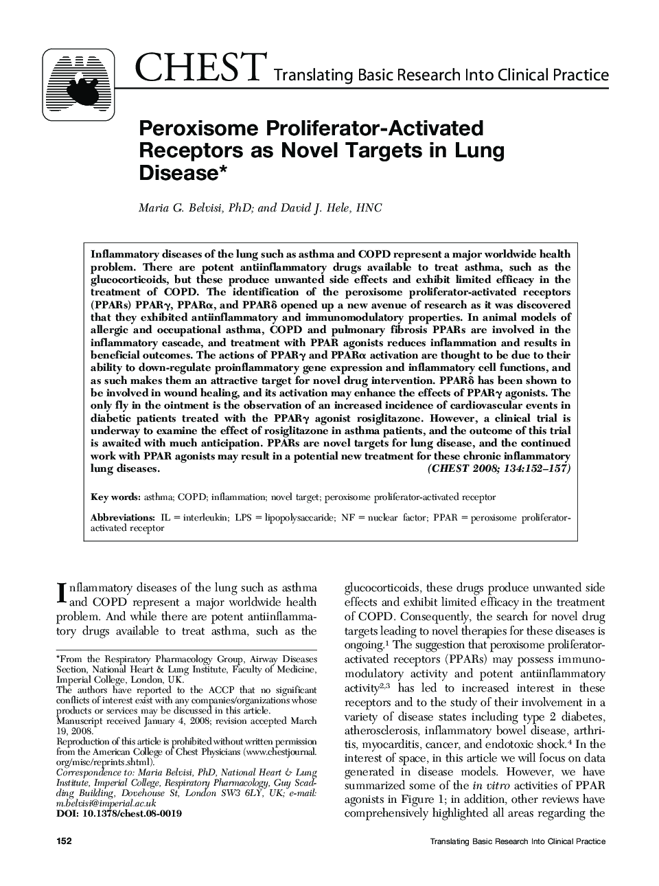 Peroxisome Proliferator-Activated Receptors as Novel Targets in Lung Disease* 