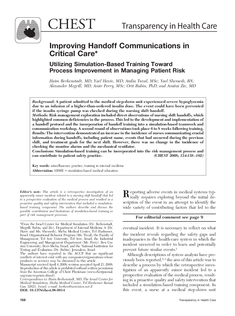 Improving Handoff Communications in Critical Care*: Utilizing Simulation-Based Training Toward Process Improvement in Managing Patient Risk 