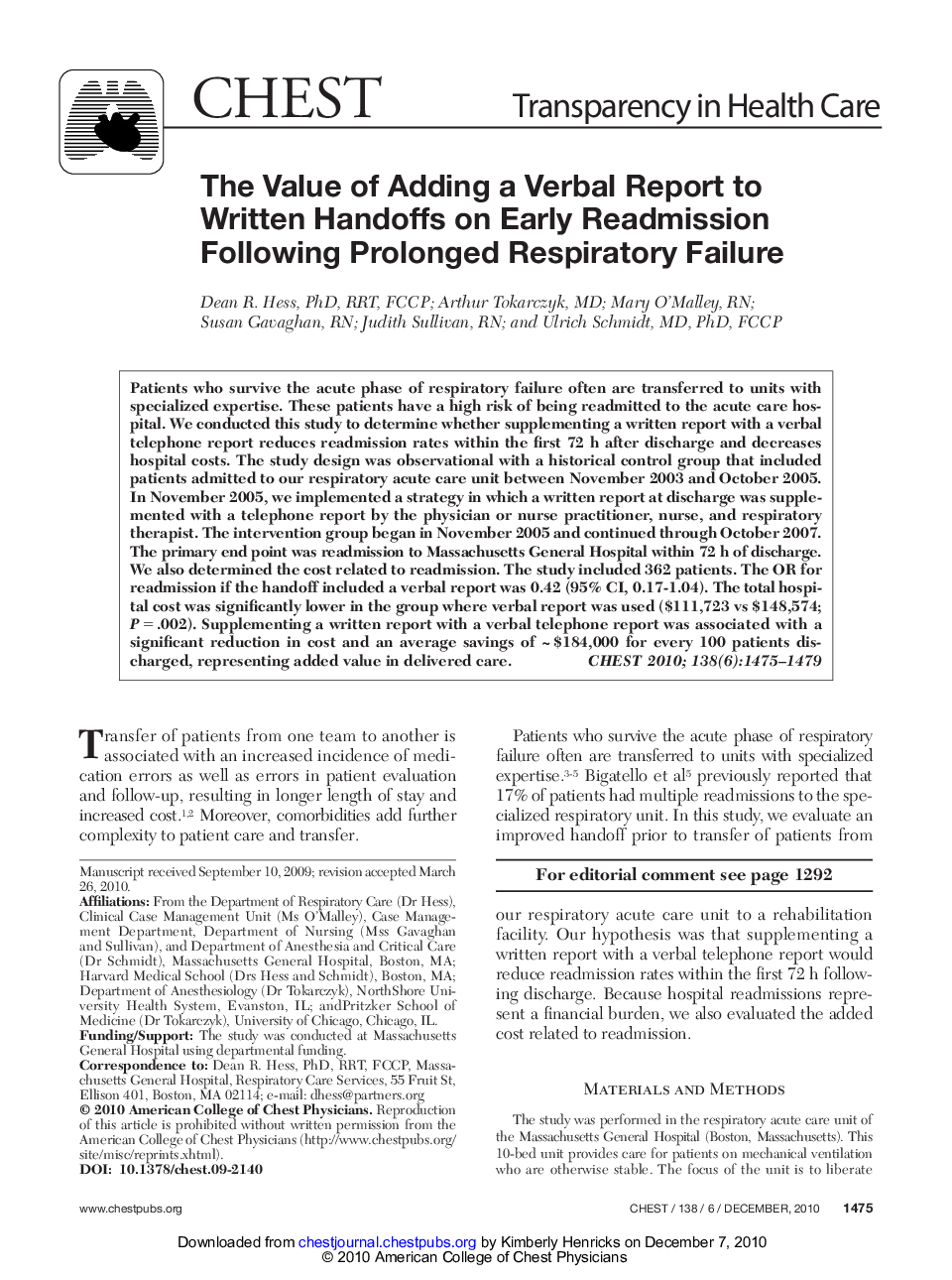 The Value of Adding a Verbal Report to Written Handoffs on Early Readmission Following Prolonged Respiratory Failure