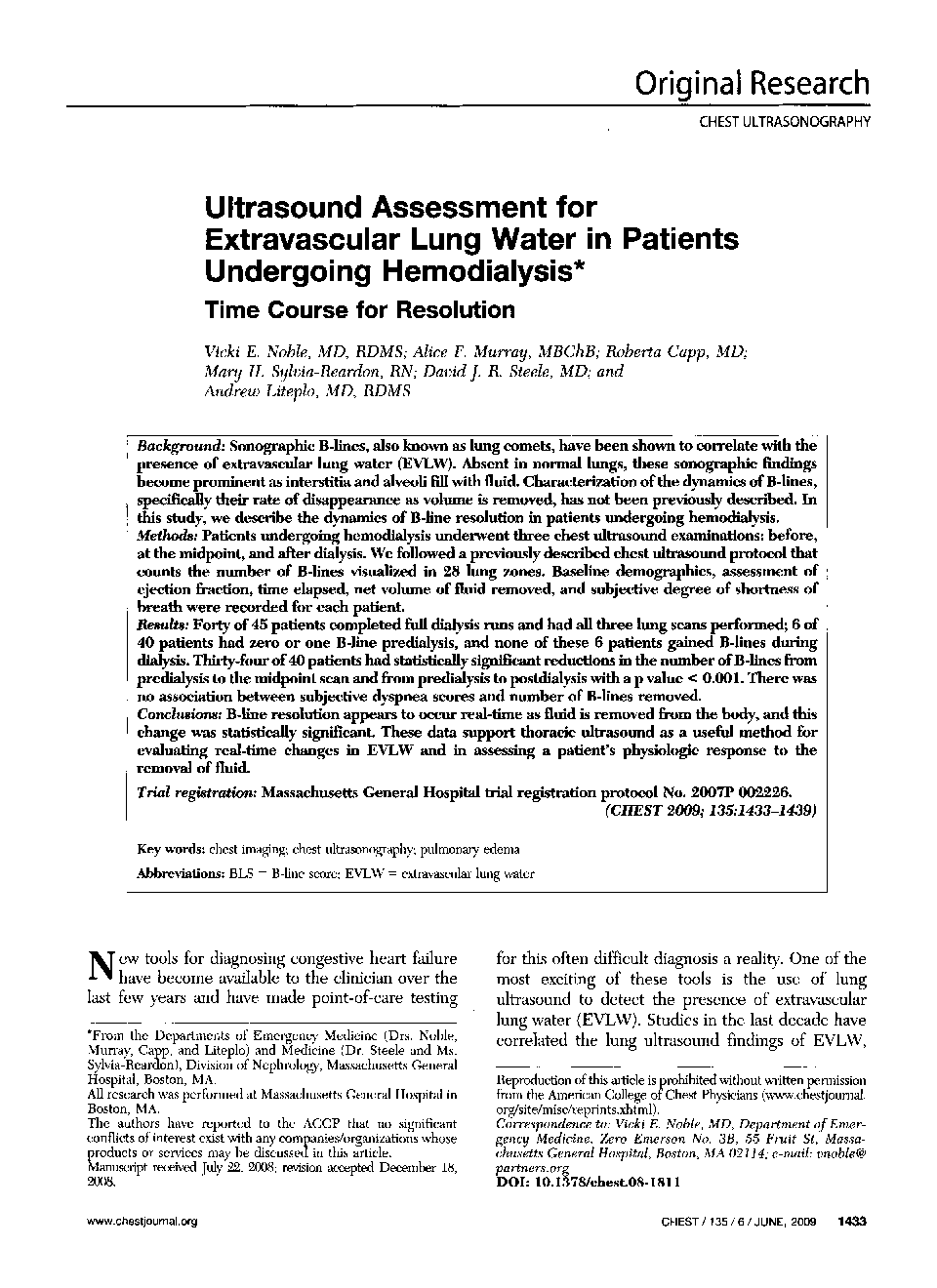 Ultrasound Assessment for Extravascular Lung Water in Patients Undergoing Hemodialysis : Time Course for Resolution