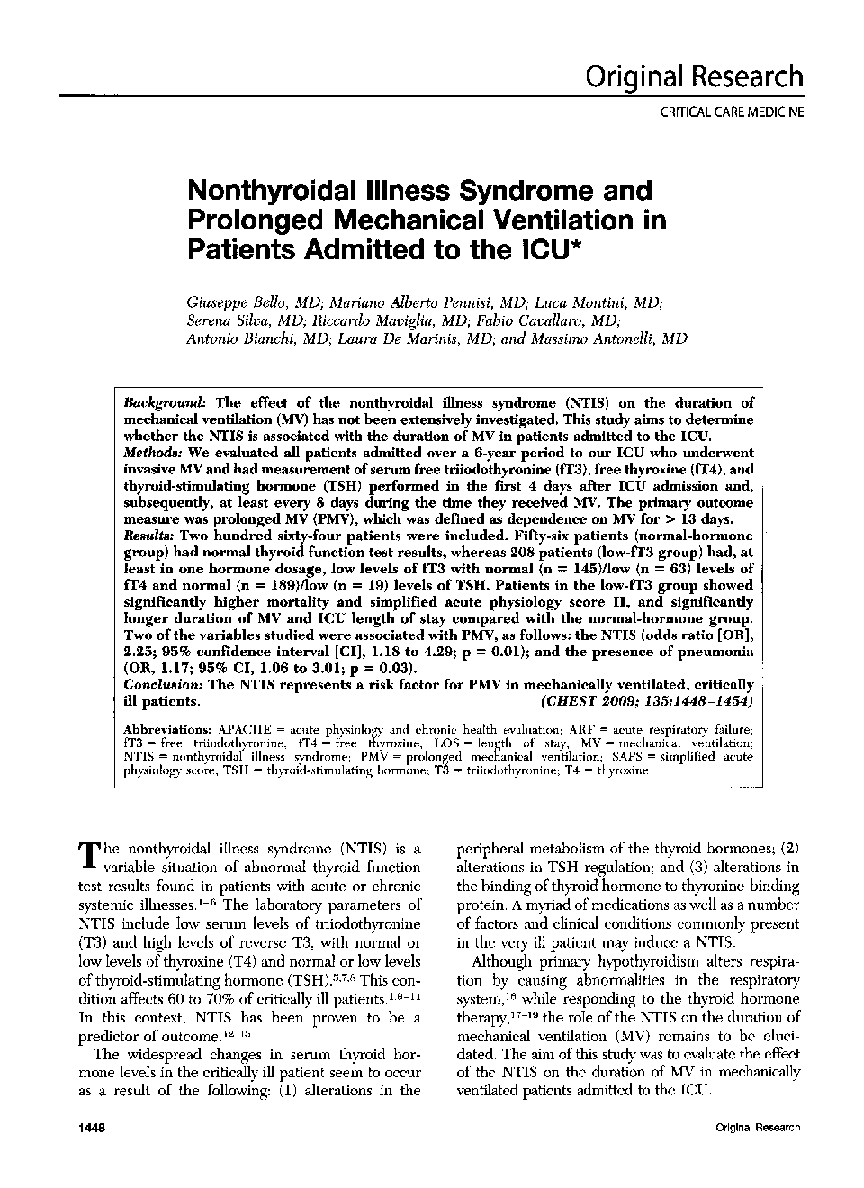 Nonthyroidal Illness Syndrome and Prolonged Mechanical Ventilation in Patients Admitted to the ICU