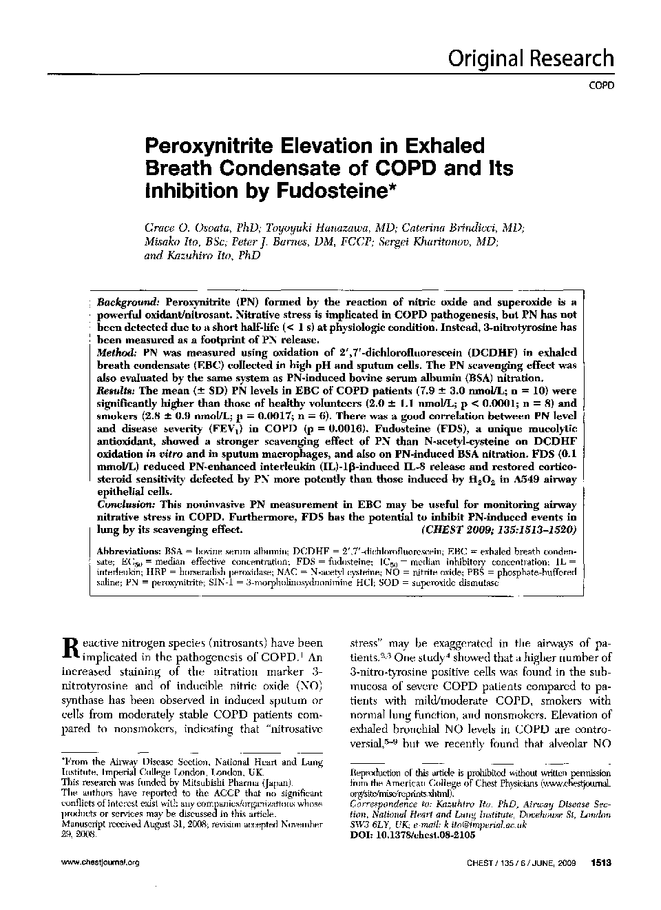 Peroxynitrite Elevation in Exhaled Breath Condensate of COPD and Its Inhibition by Fudosteine 