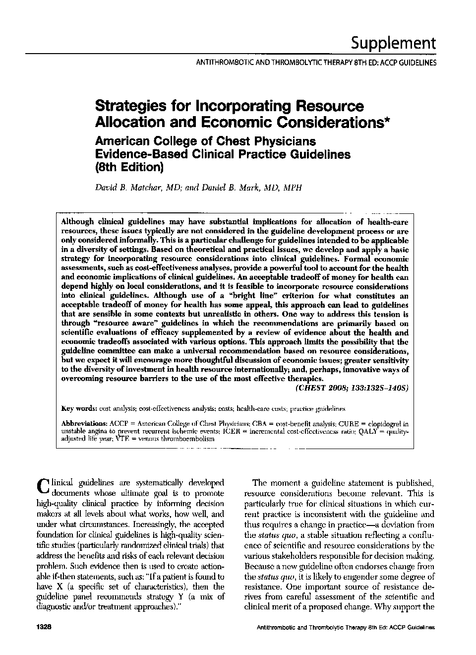 Strategies for Incorporating Resource Allocation and Economic Considerations: American College of Chest Physicians Evidence-Based Clinical Practice Guidelines (8th Edition)