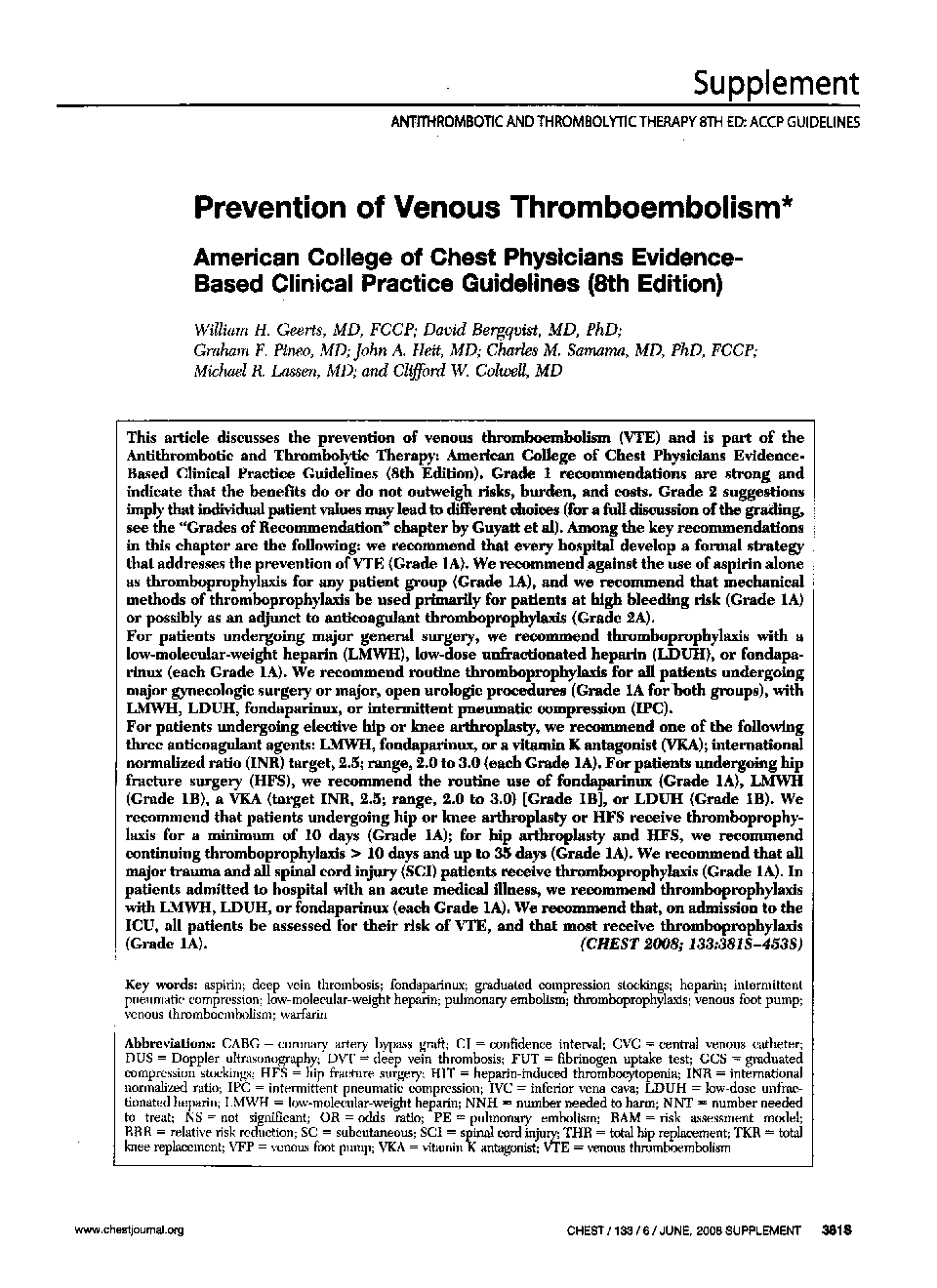 Prevention of Venous Thromboembolism : American College of Chest Physicians Evidence-Based Clinical Practice Guidelines (8th Edition)