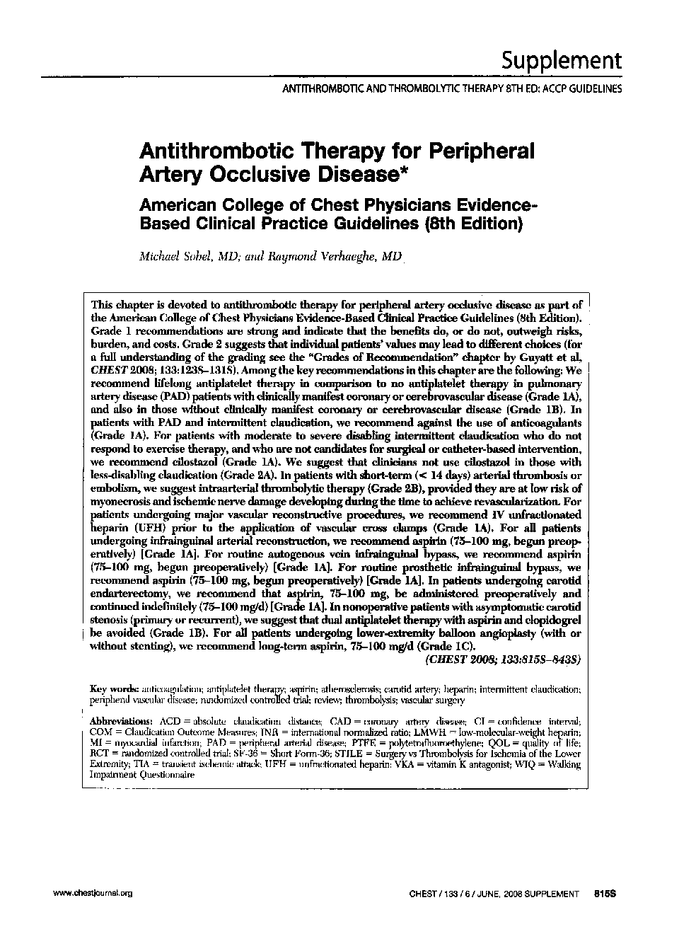 Antithrombotic Therapy for Peripheral Artery Occlusive Disease : American College of Chest Physicians Evidence-Based Clinical Practice Guidelines (8th Edition)