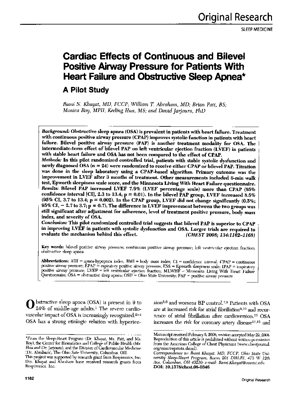 Cardiac Effects of Continuous and Bilevel Positive Airway Pressure for Patients With Heart Failure and Obstructive Sleep Apnea : A Pilot Study