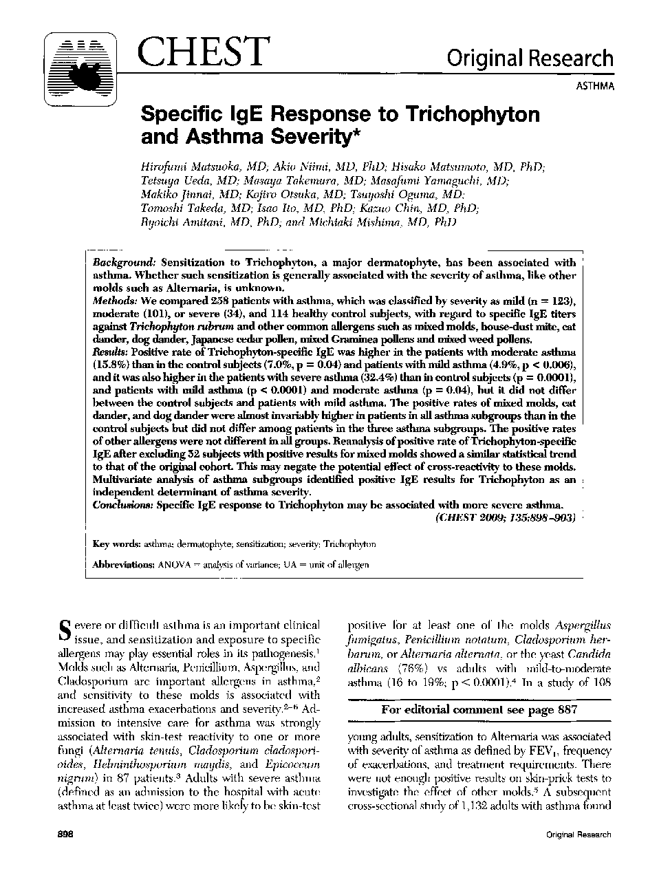 Specific IgE Response to Trichophyton and Asthma Severity 