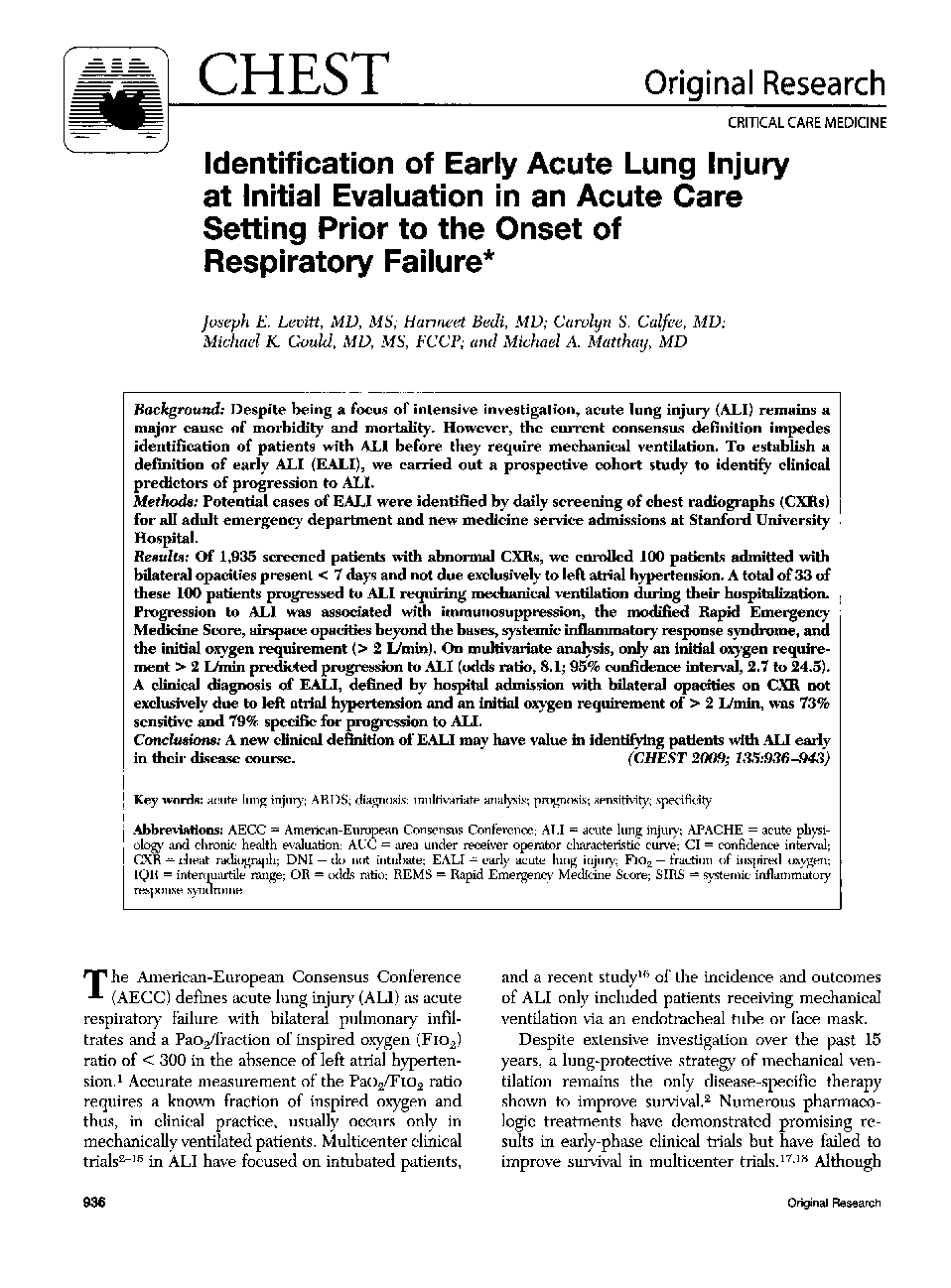 Identification of Early Acute Lung Injury at Initial Evaluation in an Acute Care Setting Prior to the Onset of Respiratory Failure 