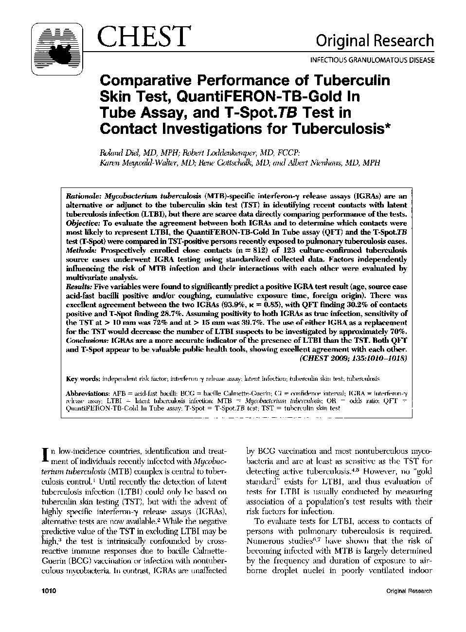 Comparative Performance of Tuberculin Skin Test, QuantiFERON-TB-Gold In Tube Assay, and T-Spot.TB Test in Contact Investigations for Tuberculosis 