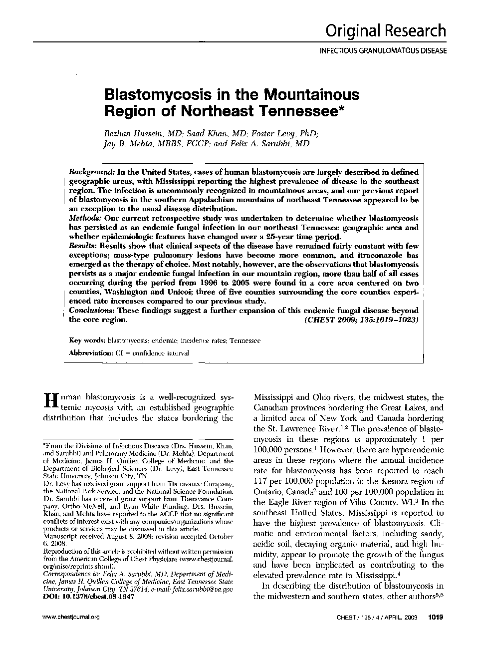 Blastomycosis in the Mountainous Region of Northeast Tennessee 