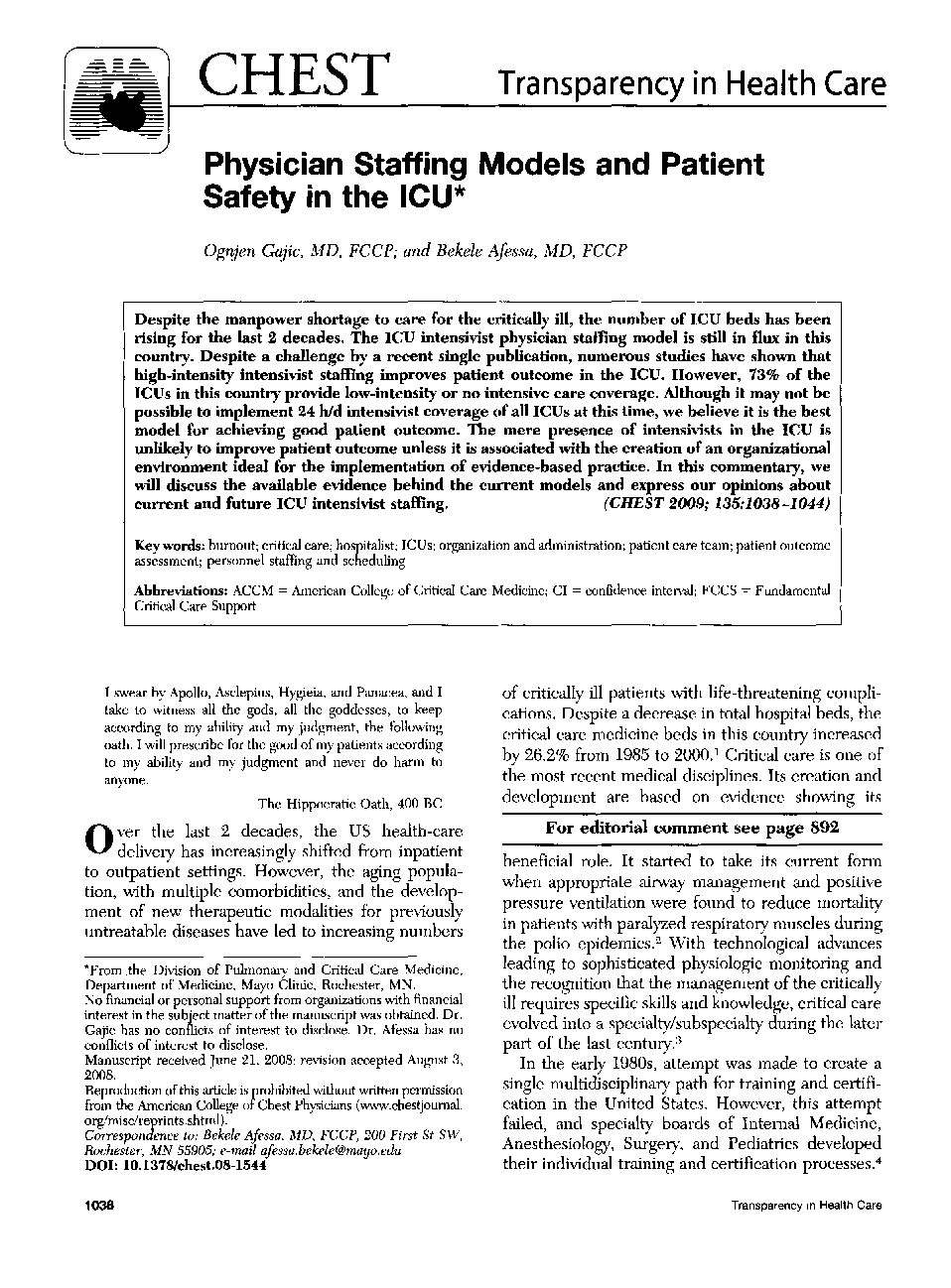 Physician Staffing Models and Patient Safety in the ICU 