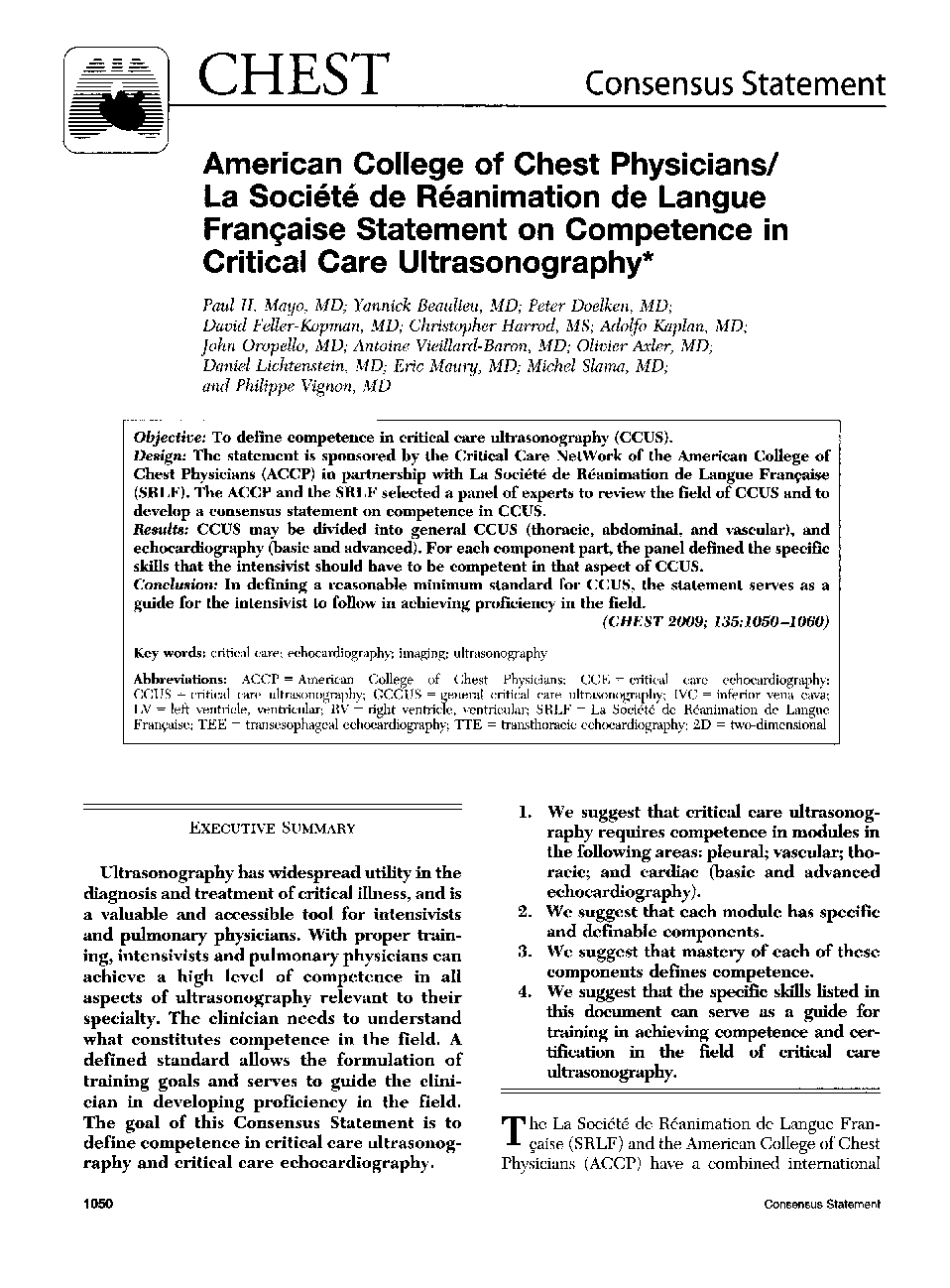 American College of Chest Physicians/La Société de Réanimation de Langue Française Statement on Competence in Critical Care Ultrasonography 