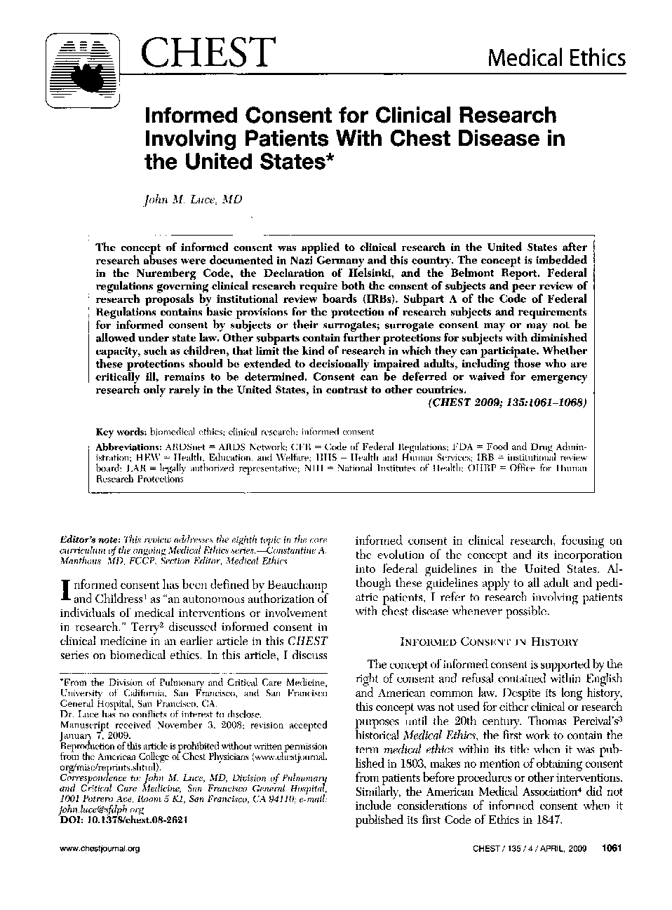 Informed Consent for Clinical Research Involving Patients With Chest Disease in the United States 