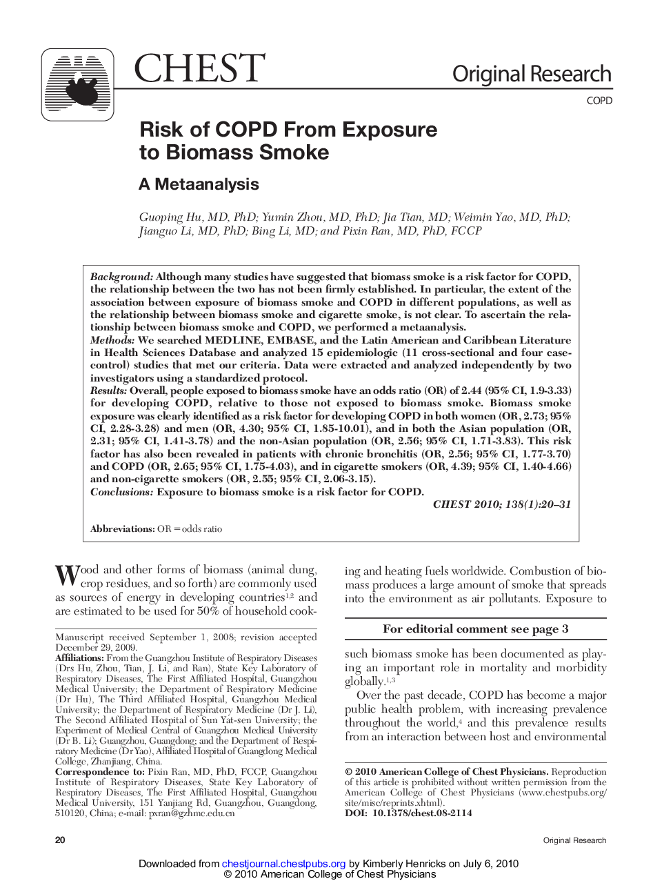 Risk of COPD From Exposure to Biomass Smoke