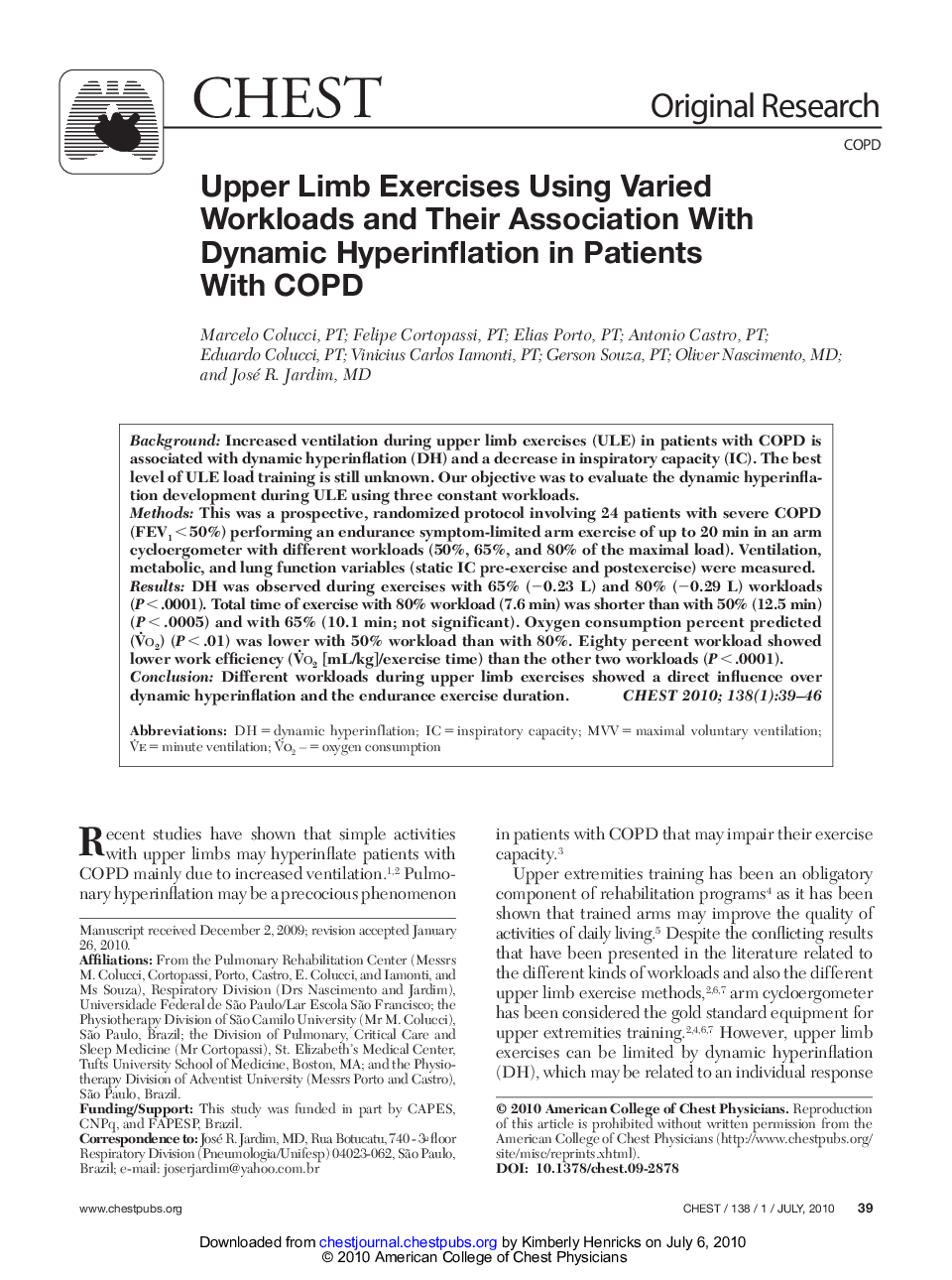 Upper Limb Exercises Using Varied Workloads and Their Association With Dynamic Hyperinflation in Patients With COPD 