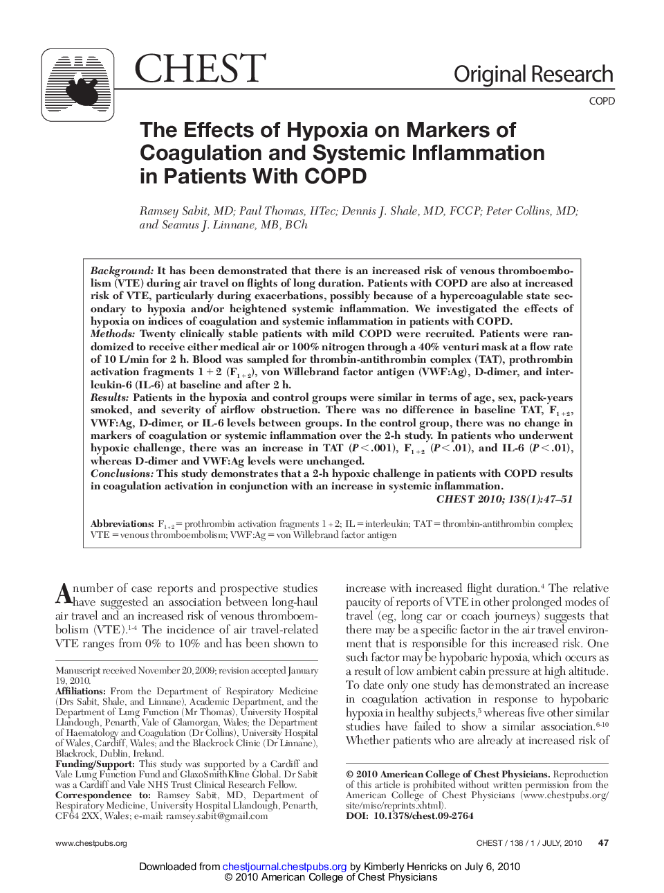 عکس صفحه اول مقاله: The Effects of Hypoxia on Markers of Coagulation and Systemic Inflammation in Patients With COPD The Effects of Hypoxia on Markers of Coagulation and Systemic Inflammation in Patients With COPD