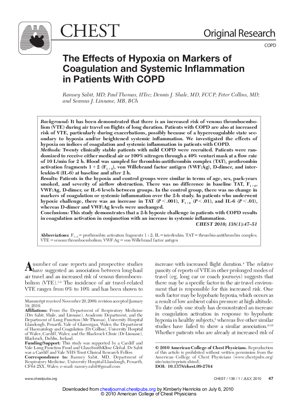 The Effects of Hypoxia on Markers of Coagulation and Systemic Inflammation in Patients With COPD