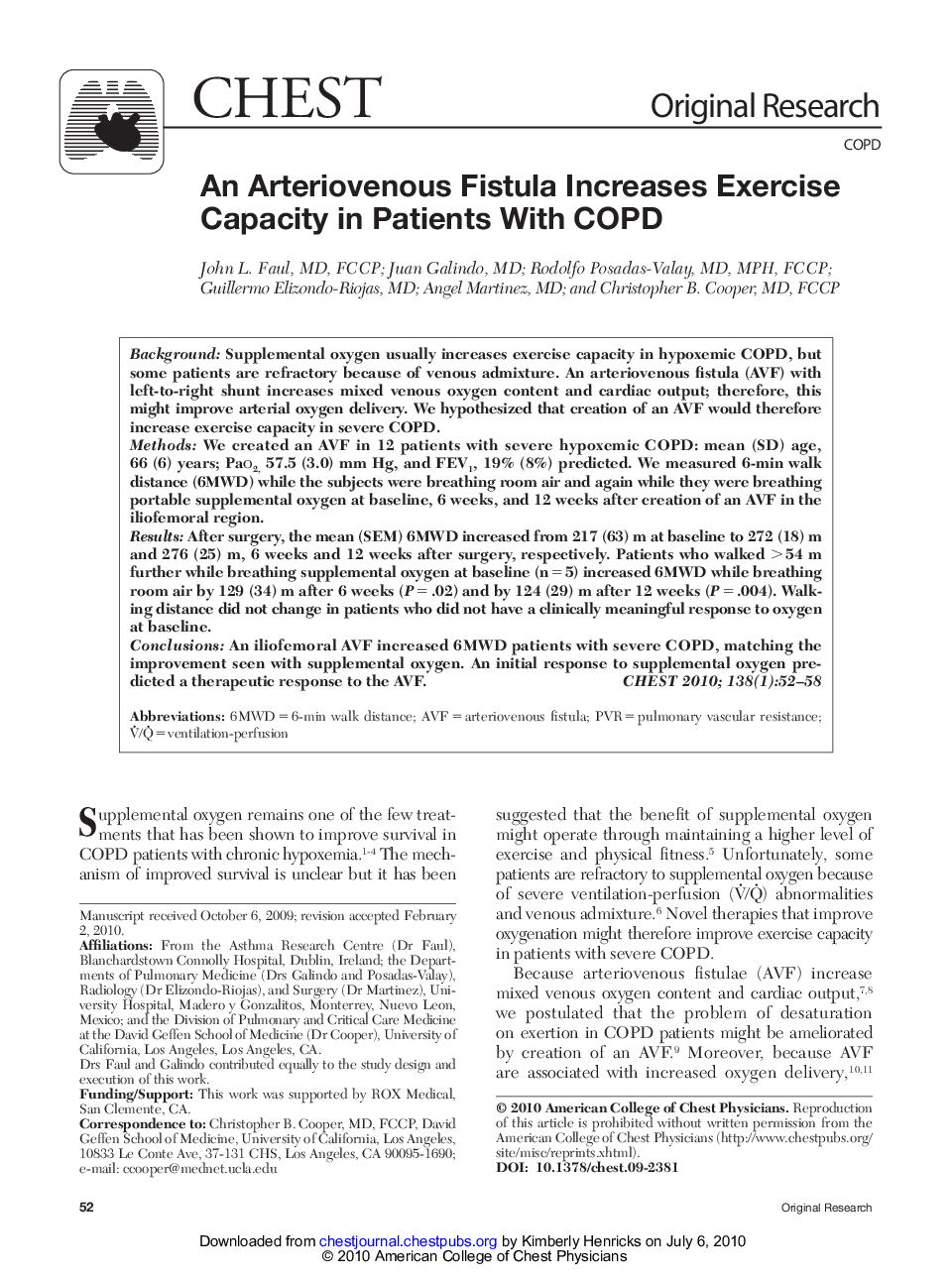 An Arteriovenous Fistula Increases Exercise Capacity in Patients With COPD 