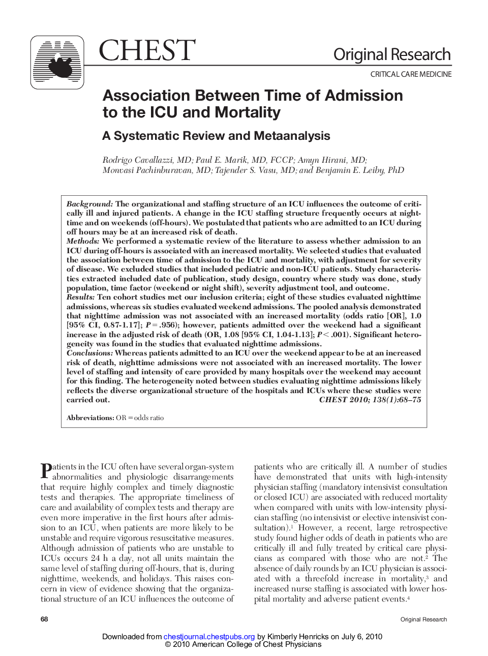 Association Between Time of Admission to the ICU and Mortality