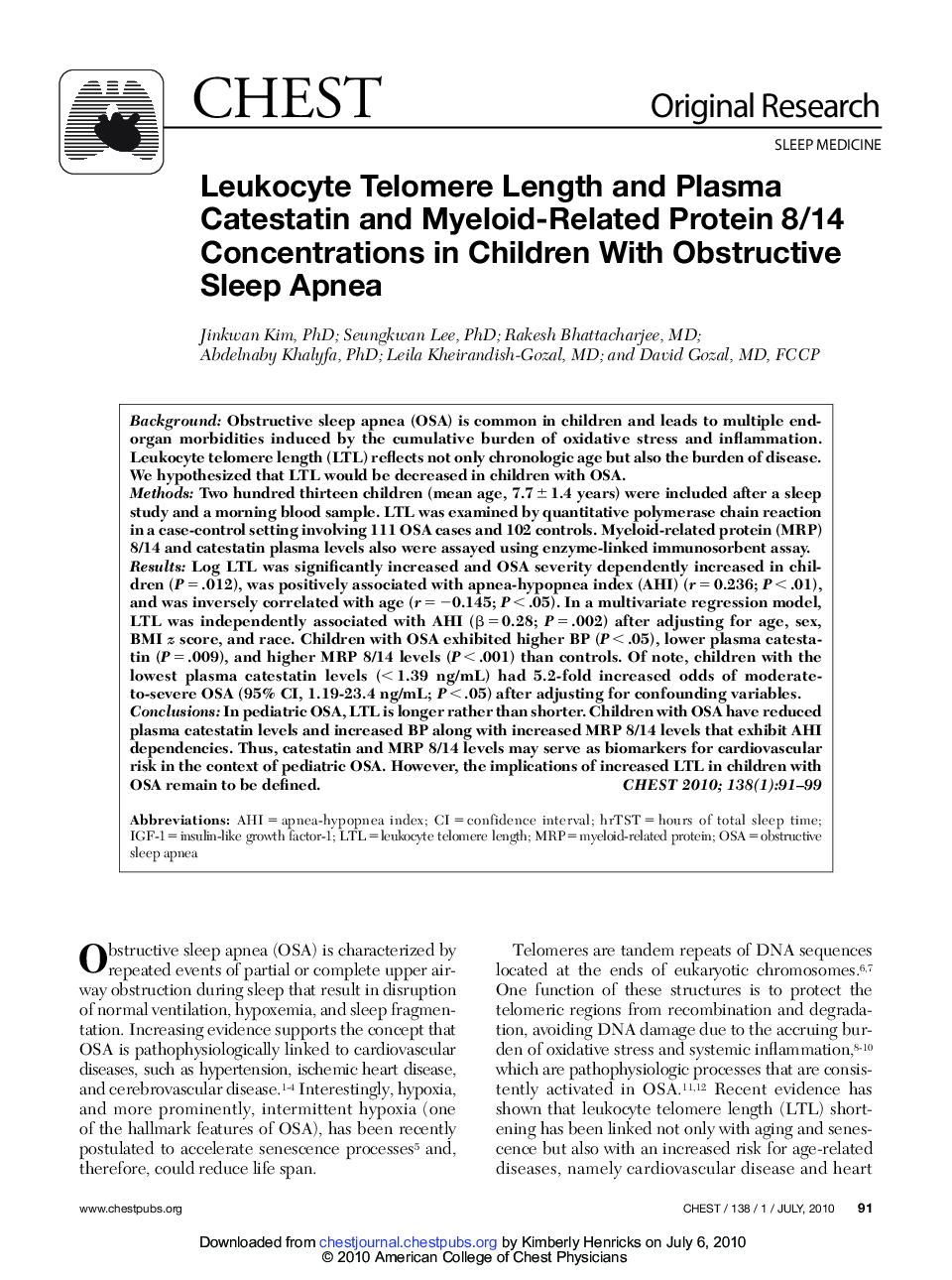 Leukocyte Telomere Length and Plasma Catestatin and Myeloid-Related Protein 8/14 Concentrations in Children With Obstructive Sleep Apnea 