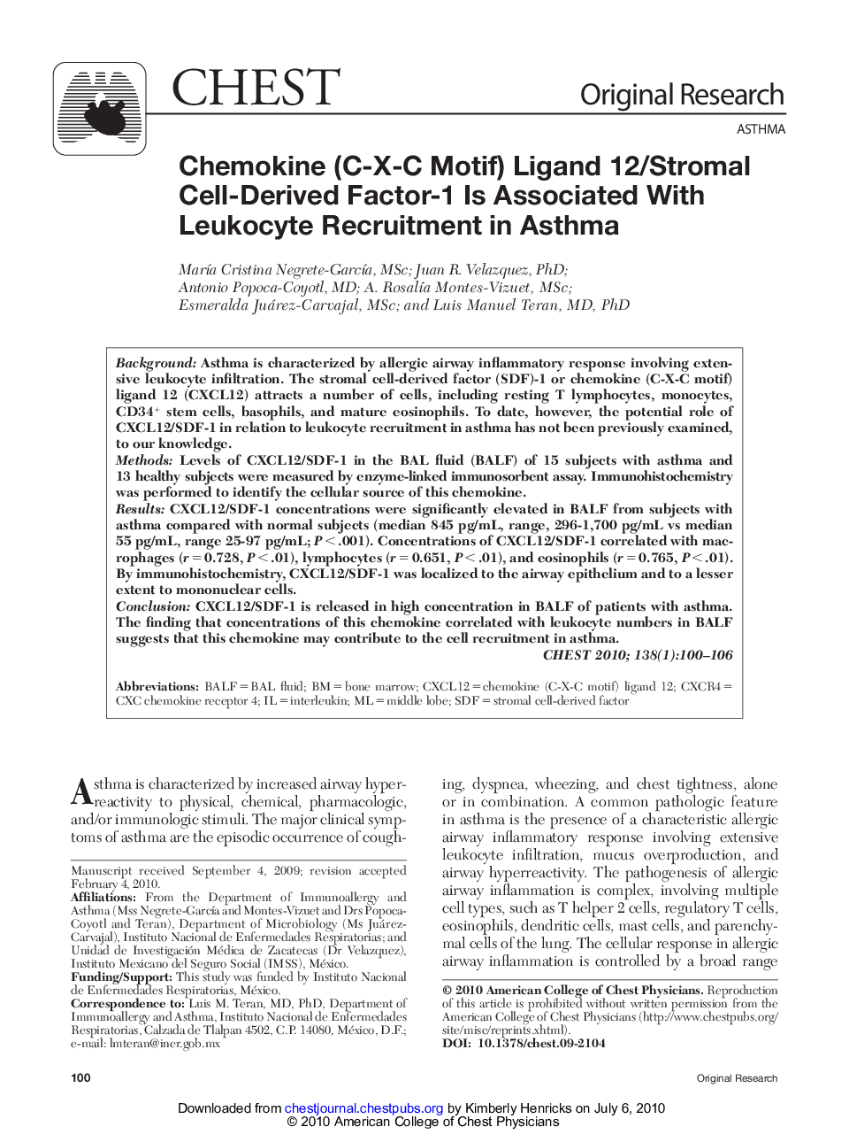 Chemokine (C-X-C Motif) Ligand 12/Stromal Cell-Derived Factor-1 Is Associated With Leukocyte Recruitment in Asthma