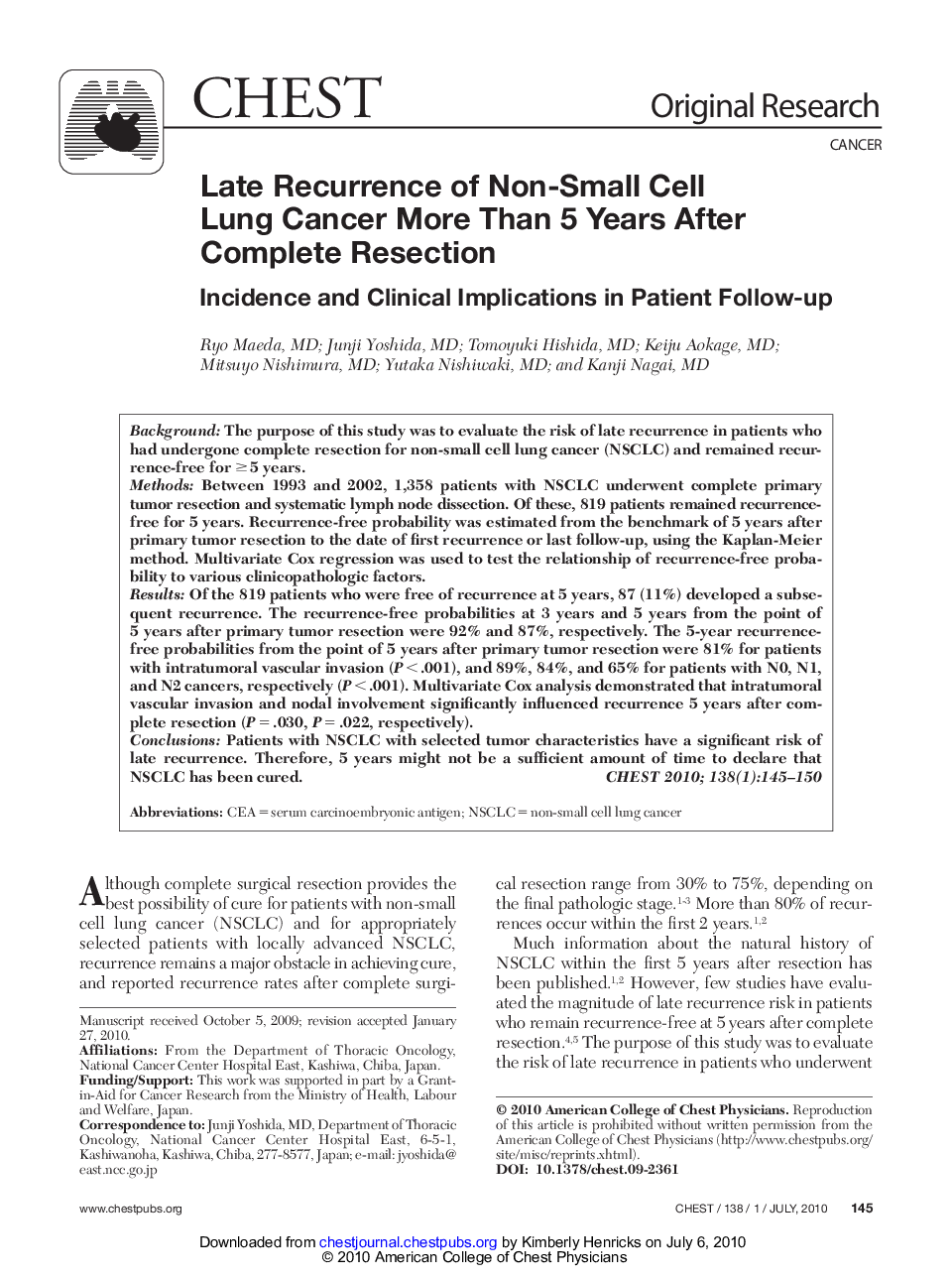 Late Recurrence of Non-Small Cell Lung Cancer More Than 5 Years After Complete Resection : Incidence and Clinical Implications in Patient Follow-up