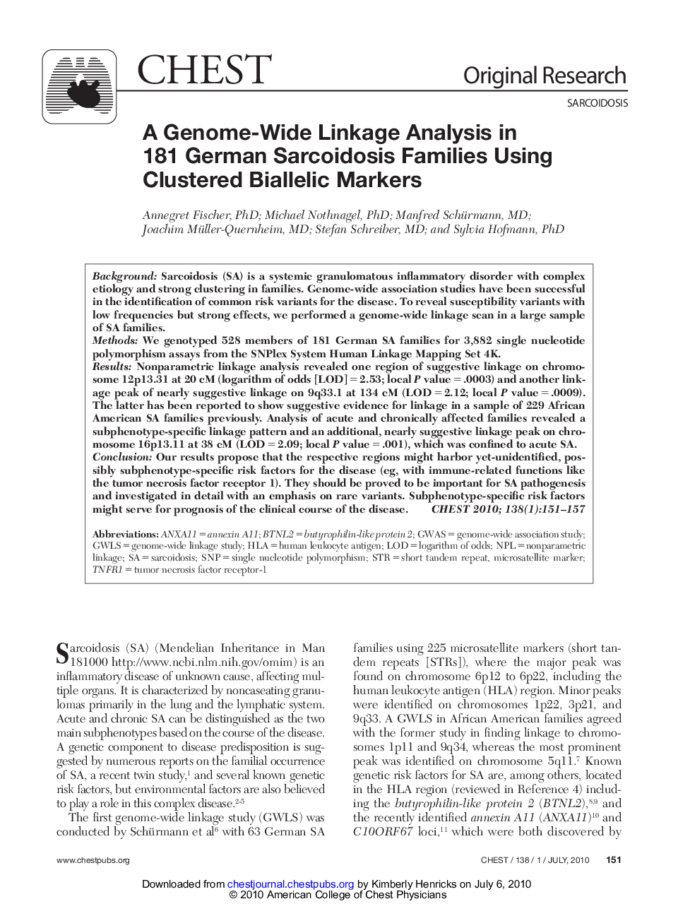 A Genome-Wide Linkage Analysis in 181 German Sarcoidosis Families Using Clustered Biallelic Markers