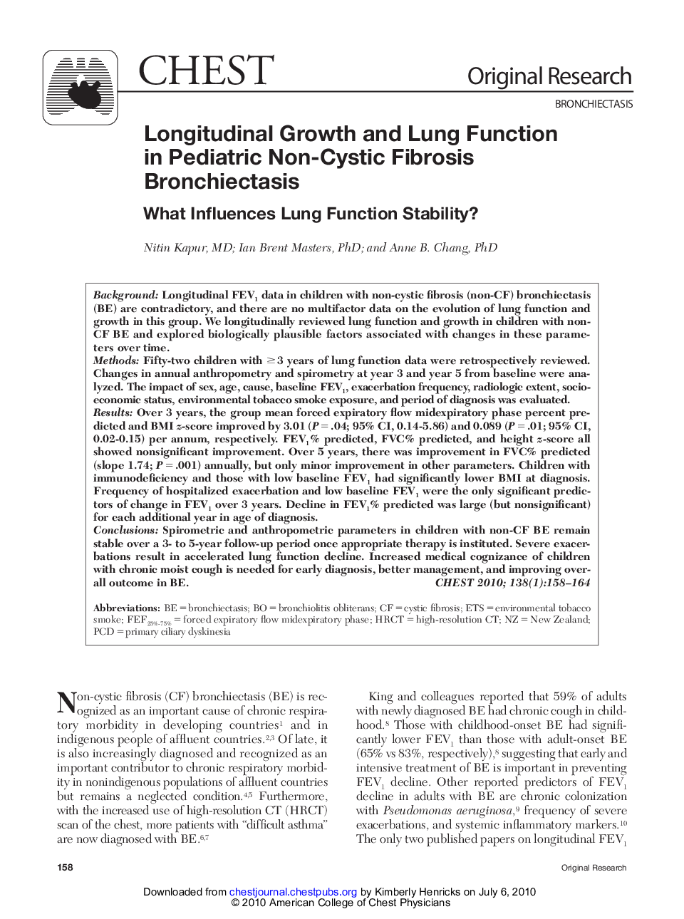Longitudinal Growth and Lung Function in Pediatric Non-Cystic Fibrosis Bronchiectasis : What Influences Lung Function Stability?
