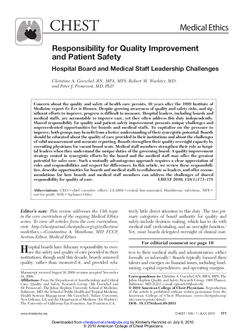 Responsibility for Quality Improvement and Patient Safety