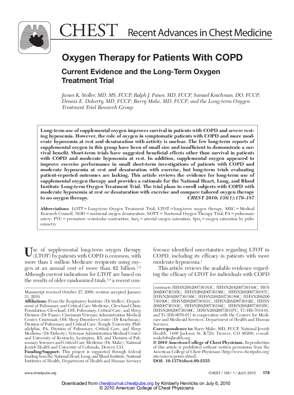 Oxygen Therapy for Patients With COPD : Current Evidence and the Long-Term Oxygen Treatment Trial