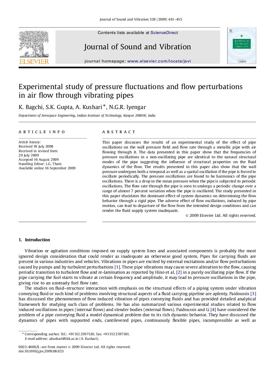 Experimental study of pressure fluctuations and flow perturbations in air flow through vibrating pipes