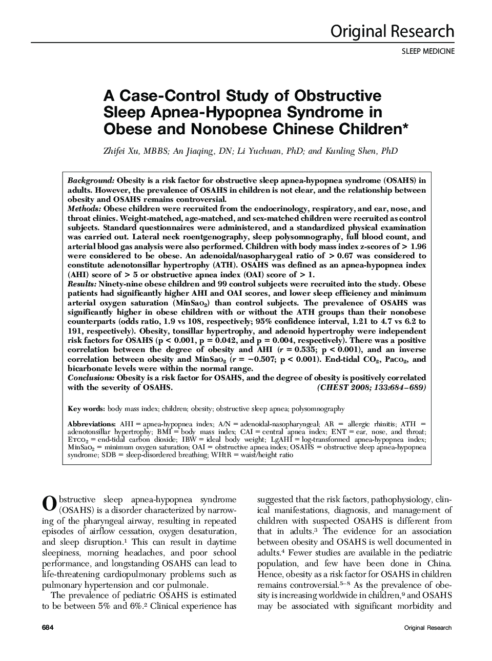 A Case-Control Study of Obstructive Sleep Apnea-Hypopnea Syndrome in Obese and Nonobese Chinese Children 