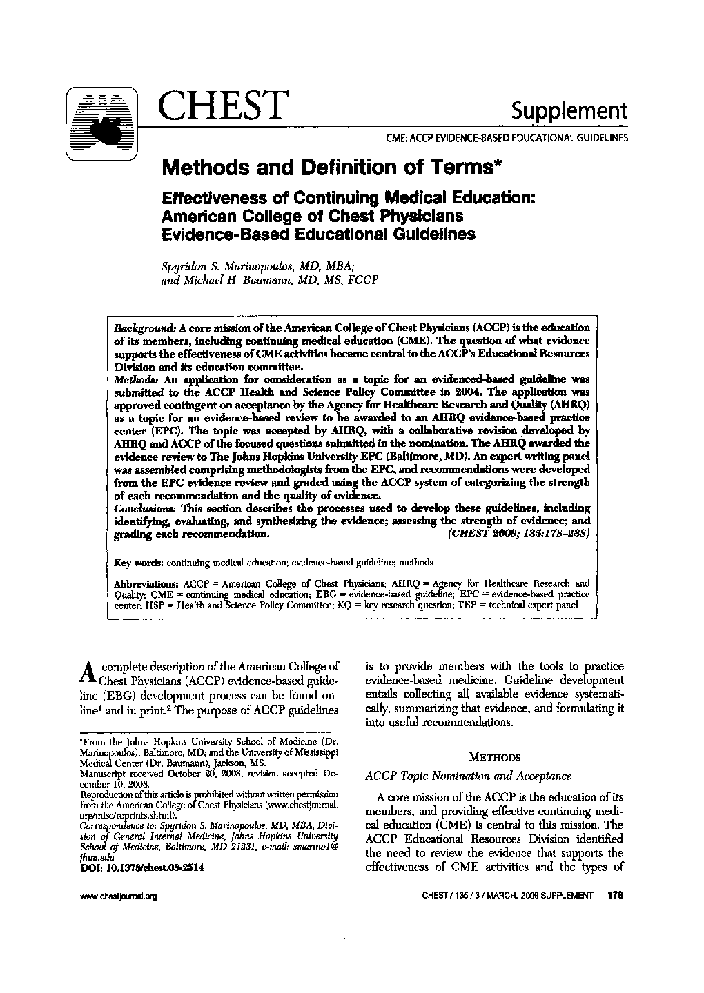 Methods and Definition of Terms : Effectiveness of Continuing Medical Education: American College of Chest Physicians Evidence-Based Educational Guidelines